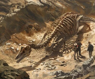 三畳紀のブラジルの乾いた川辺を歩くディナモスクスの復元イメージ