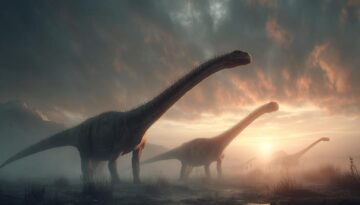 Dinosaurs walk through primitive landscapes