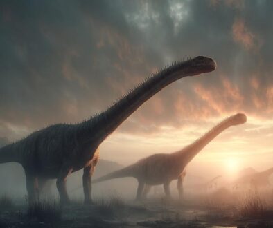 Dinosaurs walk through primitive landscapes