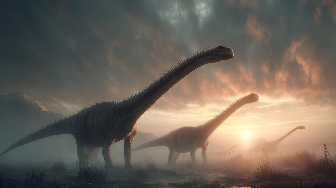 Dinosaurs walk through primitive landscapes Dinosaurs walk through primitive landscapes