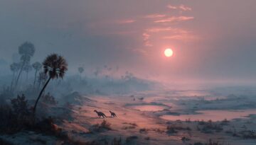 恐竜絶滅後の地球の風景。薄暗い空と荒れた大地に沈む夕日。