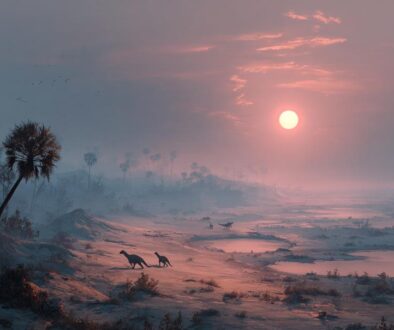 恐竜絶滅後の地球の風景。薄暗い空と荒れた大地に沈む夕日。