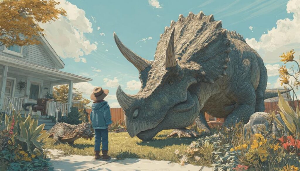 子どもたちと遊ぶ巨大な恐竜。まるでペットのように人と共存しているファンタジー風景。