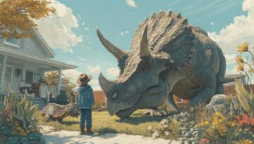 子どもたちと遊ぶ巨大な恐竜。まるでペットのように人と共存しているファンタジー風景。
