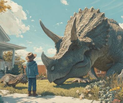 子どもたちと遊ぶ巨大な恐竜。まるでペットのように人と共存しているファンタジー風景。