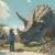 子どもたちと遊ぶ巨大な恐竜。まるでペットのように人と共存しているファンタジー風景。