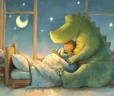 月明かりの寝室で子どもに寄り添い絵本を読むやさしい恐竜のイラスト