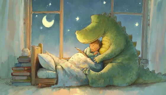 月明かりの寝室で子どもに寄り添い絵本を読むやさしい恐竜のイラスト