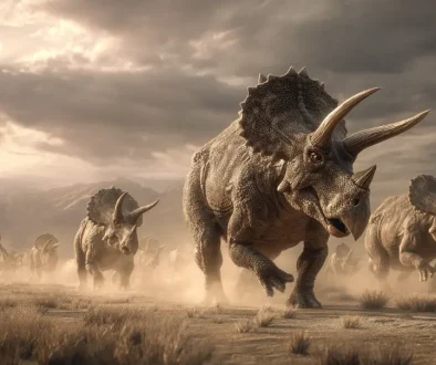 角竜が群れで走りながら移動する様子を描いた復元イラスト