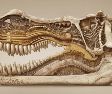 肉食恐竜の頭骨断面で歯列と歯の生え変わりのしくみが分かるイラスト