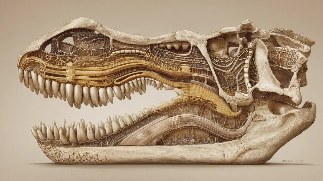 肉食恐竜の頭骨断面で歯列と歯の生え変わりのしくみが分かるイラスト