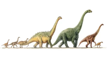 小型から巨大までサイズの異なる恐竜が並ぶ体格比較イラスト