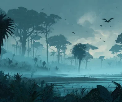 高酸素濃度の石炭紀に広がっていた巨大シダ植物の湿地森林の情景