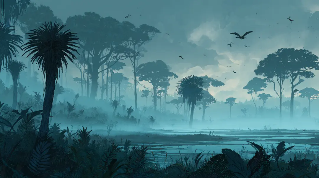 高酸素濃度の石炭紀に広がっていた巨大シダ植物の湿地森林の情景