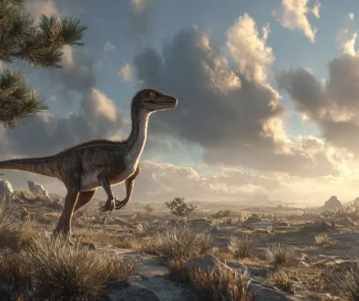 三畳紀のパンゲア大陸で小型の初期恐竜コエロフィシスが周囲を警戒しながら行動する風景