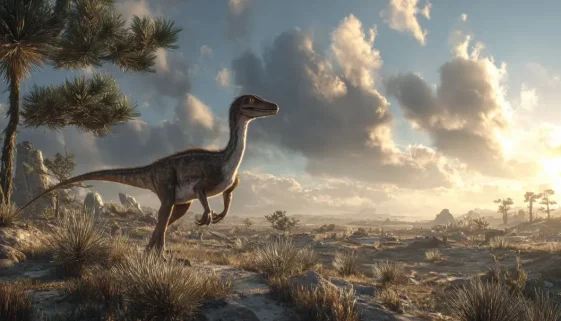 三畳紀のパンゲア大陸で小型の初期恐竜コエロフィシスが周囲を警戒しながら行動する風景