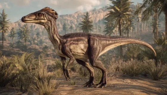 初期肉食恐竜ディロフォサウルスの実際の姿を再現した三畳紀の復元イメージ