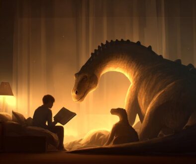 寝る前に恐竜と本を読む子どものやさしい夜のイメージ