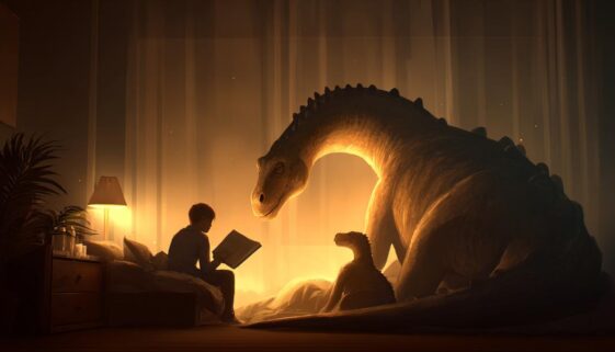 寝る前に恐竜と本を読む子どものやさしい夜のイメージ