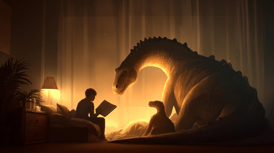 寝る前に恐竜と本を読む子どものやさしい夜のイメージ