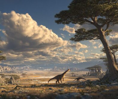 三畳紀のパンゲア大陸で乾燥した大地を歩く初期の恐竜と、過酷な環境に適応し始めた陸上生態系の風景