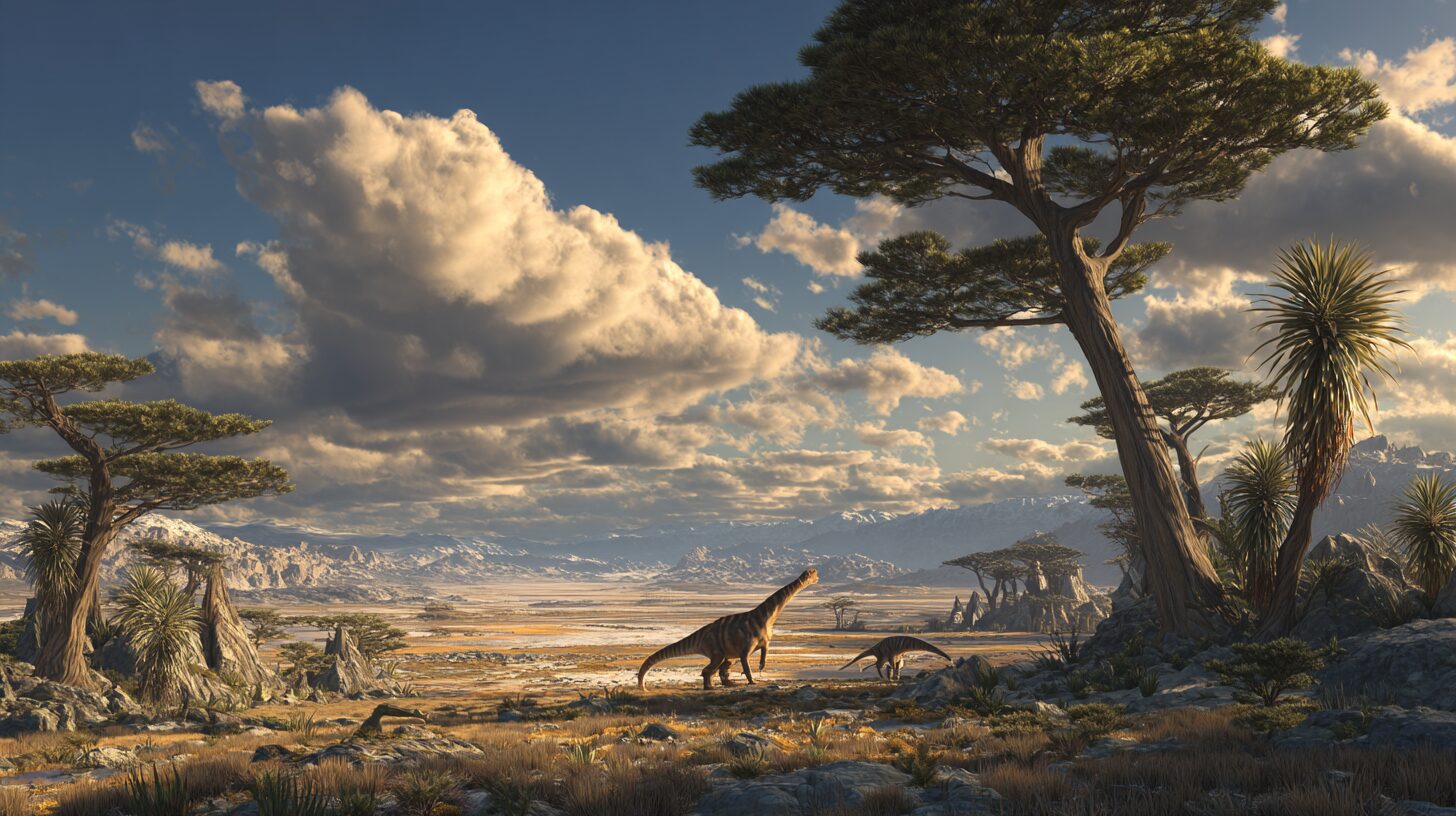 三畳紀のパンゲア大陸で乾燥した大地を歩く初期の恐竜と、過酷な環境に適応し始めた陸上生態系の風景