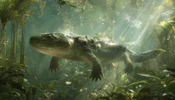 デボン紀後期の水辺で8本指の手足を持ちながら水中生活を送っていたアカントステガの復元イメージ