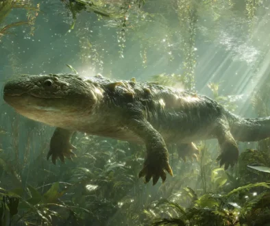 デボン紀後期の水辺で8本指の手足を持ちながら水中生活を送っていたアカントステガの復元イメージ