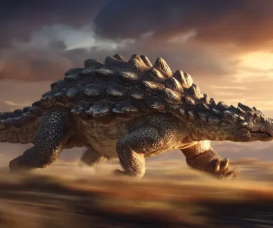 アンキロサウルスの尻尾ハンマーの破壊力を考察するための復元図。尾の骨塊と装甲の様子が確認できる