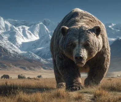 更新世の北米草原に立つ巨大短顔クマ・アルクトドゥスの復元イメージ