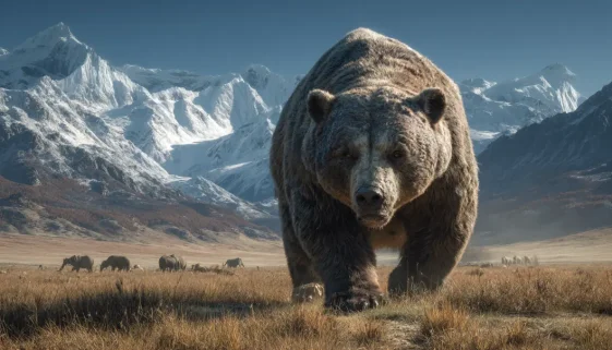 更新世の北米草原に立つ巨大短顔クマ・アルクトドゥスの復元イメージ