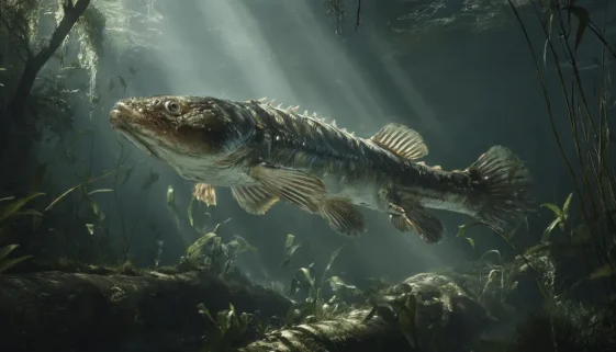 デボン紀後期の肉鰭類ユーステノプテロンが浅い水域で力強いヒレを使って泳ぐ復元イメージ