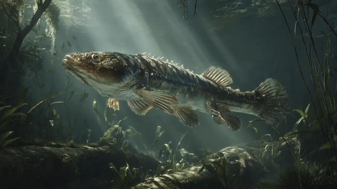 デボン紀後期の肉鰭類ユーステノプテロンが浅い水域で力強いヒレを使って泳ぐ復元イメージ