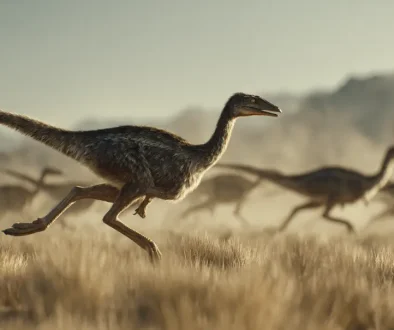 白亜紀後期の草原を高速で走る恐竜ガリミムスの復元イメージ