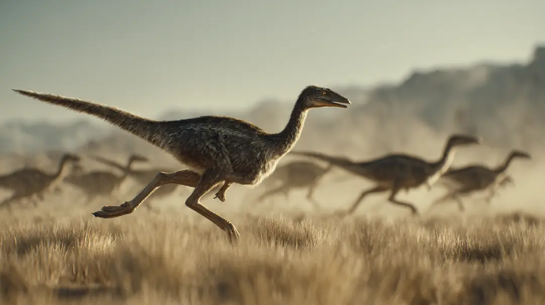 白亜紀後期の草原を高速で走る恐竜ガリミムスの復元イメージ