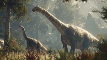 高所の葉を食べる竜脚類と、低い植物を採食する鳥脚類を並べて描いた比較パレオアート画像