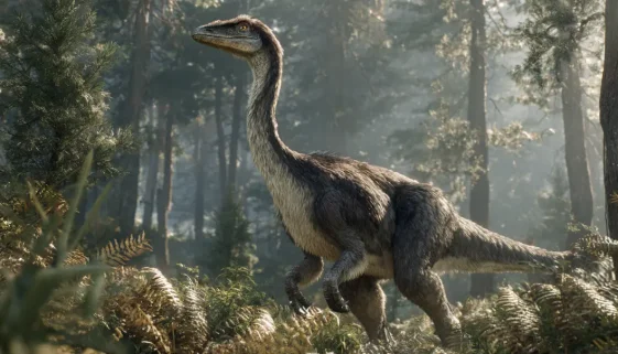 巨大な鉤爪を持ちながら植物を食べる恐竜テリジノサウルスの復元イメージ