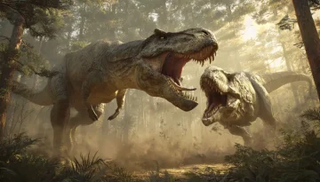 巨大なアロサウルスが長い顎を大きく開きジュラ紀の草食恐竜に襲いかかる様子の古生物イラスト