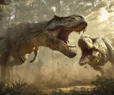 巨大なアロサウルスが長い顎を大きく開きジュラ紀の草食恐竜に襲いかかる様子の古生物イラスト