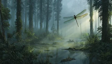 巨大なシダ植物の森とメガネウラなどの巨大昆虫が飛び回る石炭紀の風景