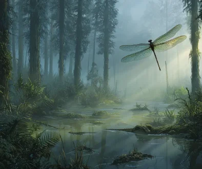 巨大なシダ植物の森とメガネウラなどの巨大昆虫が飛び回る石炭紀の風景