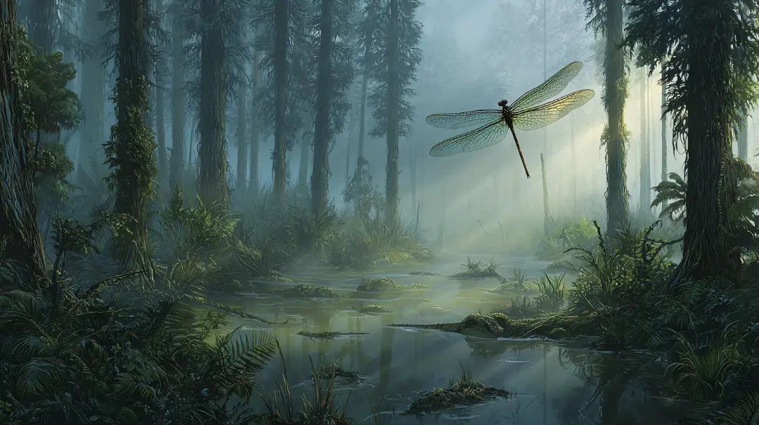 巨大なシダ植物の森とメガネウラなどの巨大昆虫が飛び回る石炭紀の風景