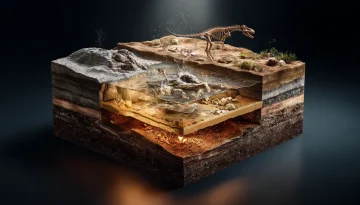 恐竜の骨が地中で埋まり長い時間をかけて石へと変化する化石化の過程イラスト