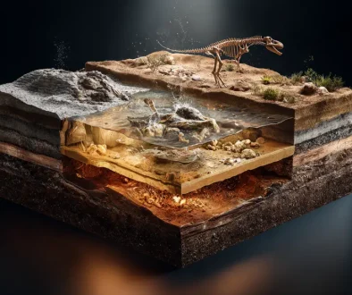 恐竜の骨が地中で埋まり長い時間をかけて石へと変化する化石化の過程イラスト