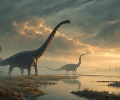 巨大な竜脚類恐竜が白亜紀の大陸を移動している様子を示す古地図と恐竜のイラスト