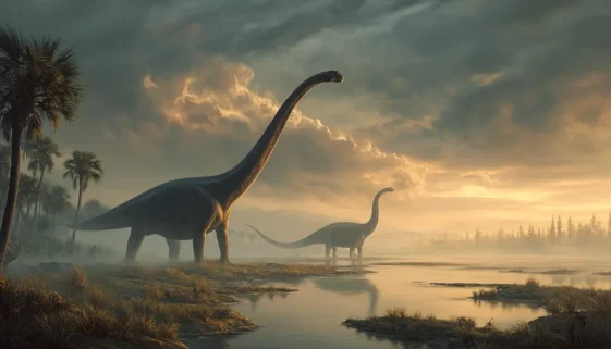 巨大な竜脚類恐竜が白亜紀の大陸を移動している様子を示す古地図と恐竜のイラスト