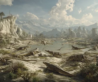 三畳紀の生態系を表す復元イメージ。初期の恐竜とワニ型爬虫類など複数の動物が共存する環境