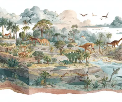 三畳紀・ジュラ紀・白亜紀の恐竜時代の違いを比較するイメージ。各時代の代表的な恐竜と環境の変化を示した図