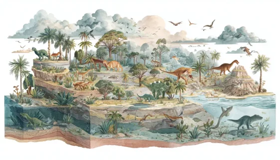 三畳紀・ジュラ紀・白亜紀の恐竜時代の違いを比較するイメージ。各時代の代表的な恐竜と環境の変化を示した図