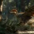 全身に羽毛を持つ小型恐竜が白亜紀の森を走る様子を描いた古生物復元イラスト